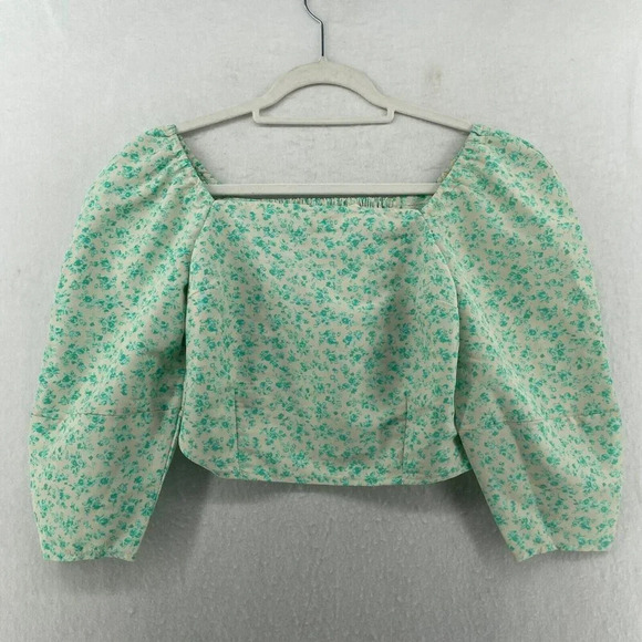 Levi's Blouse Women's Sz S Green Yvie Standard Fit Floral Puff Sleeves Cropped - Picture 1 of 8